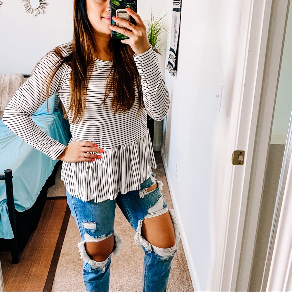 White and black striped peplum long sleeve top